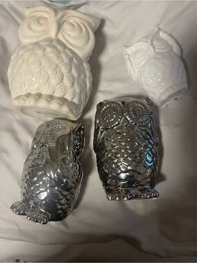 Ceramic Owl Figurines - White & Silver Set